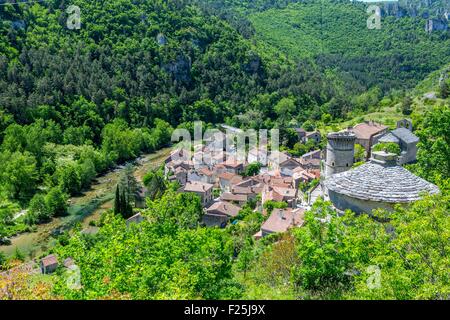 La France, l'Aveyron, la Roque Sainte Marguerite et la rivière de la Dourbie Banque D'Images