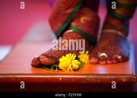 Les pieds d'une mariée indienne traditionnelle décorée de henné Mehendi ou, à proximité d'une fleur sur une planche en bois, en tant que partie d'un Banque D'Images