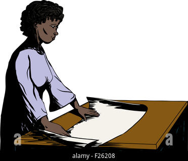 Cheerful architect isolés travaillant avec les plans sur la table Banque D'Images