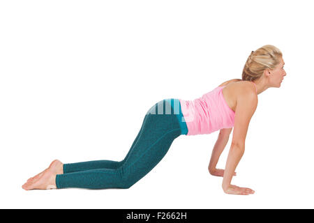 Série Yoga Photo : Vue de profil latéral complet a middle-aged woman doing yoga exercice dog (chien tête en bas poser Banque D'Images