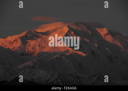 Lever du soleil sur le sommet du Mont McKinley, le plus haut sommet en Amérique du Nord et de la chaîne de l'Alaska. Le Parc National Denali, Alaska Banque D'Images