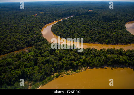 Rainforest aerial, Yavari-Mirin River (arrière) et la rivière Yavari (avant) et la forêt primaire, Région de l'Amazonie, Pérou Banque D'Images