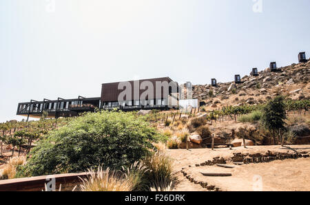 Une vue sur la Valle de Guadalupe de Mexico sur la Ruta del Vino. Hôtel Endemico. Banque D'Images