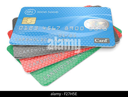 Pile de 4 cartes de crédit. Bleu, noir, rouge, vert. Noms génériques, des chiffres et des logos. Banque D'Images