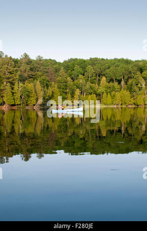 Man paddling un canoë sur un lac à l'été de l'Ontario, Canada Banque D'Images