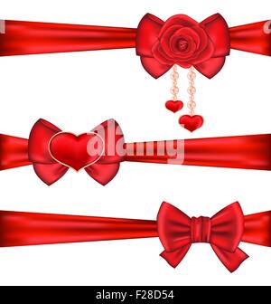 Set cadeau red bows rubans avec rose et coeur, isolated on white Illustration de Vecteur
