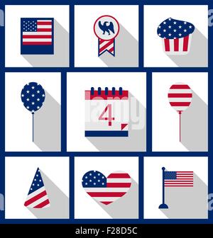 Icons Set Couleur Drapeau USA Date de l'Indépendance 4 juillet Illustration de Vecteur