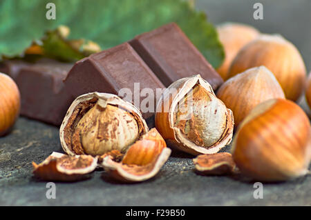 Brun noisette fraîche sur la table en bois avec du chocolat. Selective focus Banque D'Images