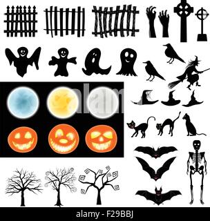 Halloween de éléments exposés. Collection avec Bat, Ghost, tombe, l'arbre, lune, citrouille, sorcière, squelette et Cat sur fond blanc pour la création de dessins d'Halloween. Vector illustration. Illustration de Vecteur