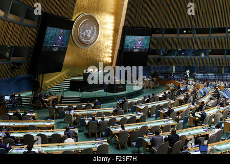 New York, USA. 14Th Sep 2015. La cérémonie de clôture de la 69e session de l'Assemblée générale est tenue au siège des Nations Unies à New York, le 14 septembre 2015. L'Assemblée générale des Nations Unies a conclu sa 69e session le lundi et est en voie de créer une dynamique pour le développement post-2015, qui sera adopté lors d'un prochain sommet. Credit : Muzi Li/Xinhua/Alamy Live News Banque D'Images