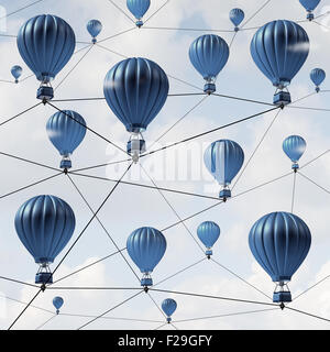 Connexion réseau concept réussite communautaire et social media links comme un groupe de ballons à air chaud bleu reliés ensemble dans un Banque D'Images