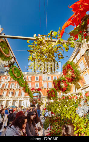 Plaza Mayor Marché de Noël . Madrid, Espagne. Banque D'Images