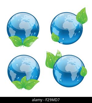Définir l'icône terre avec des feuilles vertes isolé sur fond blanc Illustration de Vecteur