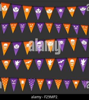 Drapeaux suspendus Halloween avec différents symboles Illustration de Vecteur