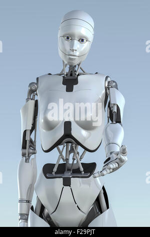 Robot humanoïde femelle. À la caméra en main gauche tendue avec dehors comme s'offrir de l'aide. Banque D'Images