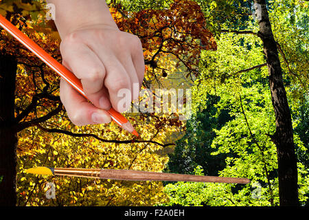 Concept nature - les saisons et la météo change : la main avec un crayon dessine les feuilles d'automne dans la forêt de l'été vert Banque D'Images