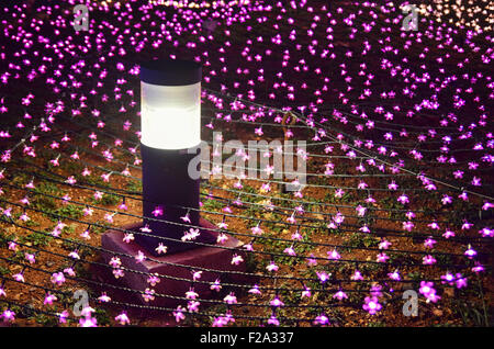 Une lampe de jardin au milieu des fleurs vert fluorescent Banque D'Images