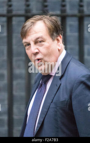 Downing Street, London, UK. 15 Septembre, 2015. John Whittingdale MP, Ministre de la Culture, des médias et du Sport arrive au 10 Downing Street pour assister à la réunion hebdomadaire du cabinet © Paul Davey/Alamy Live News Crédit : Paul Davey/Alamy Live News Banque D'Images