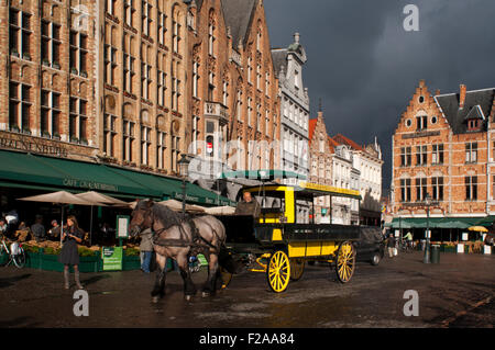 Bruges Paardentram tram à cheval. Les cochers business Dirk Stael est le seul à Bruges qui gère le "tram à cheval'. Ces Tram-rac , tirée par les chevaux, peuvent être loués sur réservation toute l'année. Un dray tire une grande tram à cheval dans les rues de Bruges, Belgique Les points de départ et d'arrivée peuvent être fixés par le client ainsi que la durée du voyage. Le cheval des tramways donner la pièce pour des groupes jusqu'à 55 personnes. Banque D'Images