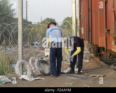 Roeszke, Hongrie. 15 Sep, 2015. Les agents de police hongrois fermer la dernière section de la clôture frontalière à côté d'un wagon de marchandises entre la Hongrie et la Serbie, près de Roeszke, Hongrie, le 15 septembre 2015. Le wagon a été déplacé en position pour combler l'écart dans la dernière section de la 175 kilomètre de long clôture le long de la frontière entre la Serbie et la Hongrie. Photo : Thomas Brey/dpa/Alamy Live News Banque D'Images