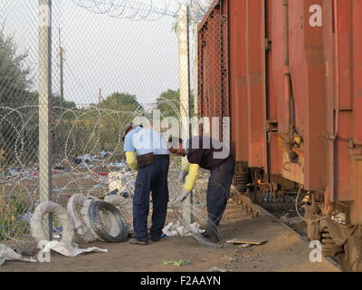 Roeszke, Hongrie. 15 Sep, 2015. Les agents de police hongrois fermer la dernière section de la clôture frontalière à côté d'un wagon de marchandises entre la Hongrie et la Serbie, près de Roeszke, Hongrie, le 15 septembre 2015. Le wagon a été déplacé en position pour combler l'écart dans la dernière section de la 175 kilomètre de long clôture le long de la frontière entre la Serbie et la Hongrie. Photo : Thomas Brey/dpa/Alamy Live News Banque D'Images