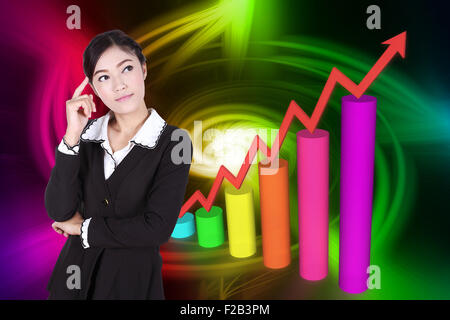 Business Woman thinking with business graph on background Banque D'Images