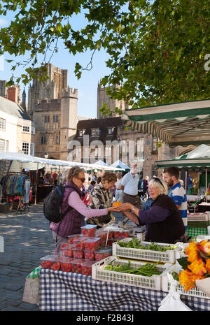 Échoppe de marché vend des fruits et légumes, des puits, du marché le marché, Wells, Somerset, England UK Banque D'Images