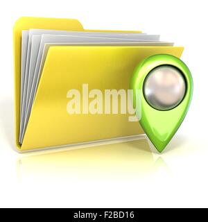 Pointeur de carte et l'icône du dossier. Rendu 3D illustration, isolé sur fond blanc Banque D'Images
