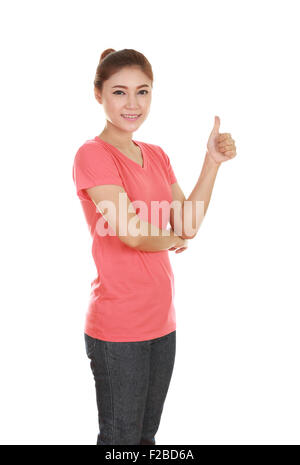 Femme en blanc T-shirt with Thumbs up isolé sur fond blanc Banque D'Images