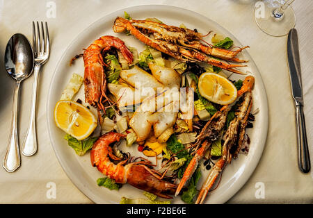 Une assiette de fruits de mer délicieux avec des morceaux de citron et de salade. Banque D'Images