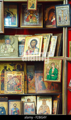 Icônes orthodoxes dans une boutique de souvenirs, Bethelem Israël Banque D'Images