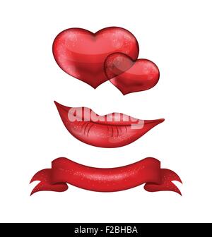 Ensemble de coeurs rouges, lèvres, ruban isolé sur fond blanc Illustration de Vecteur