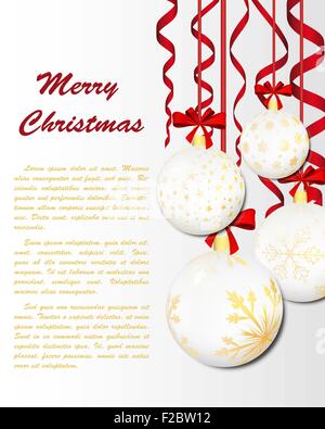 Carte de Vœux de Noël élégant avec des rubans, des ballons et des flocons sur elle.fond blanc avec le texte de l'espace. Convient également pour l'année Design mignon Ney. Vector Illustration. Illustration de Vecteur