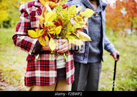 Les mains des cadres avec des feuilles jaunes Banque D'Images