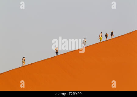 Escalade touristes Dune 45 dans le désert du Namib, probablement le plus photographié au monde et a grimpé dans la soirée, des dunes Banque D'Images
