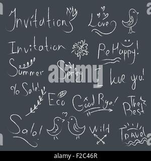 Grunge style blanc croquis doodle inscriptions - je vous aime, printemps, été, être heureux, invitation, la meilleure, la vente, l'état sauvage Illustration de Vecteur