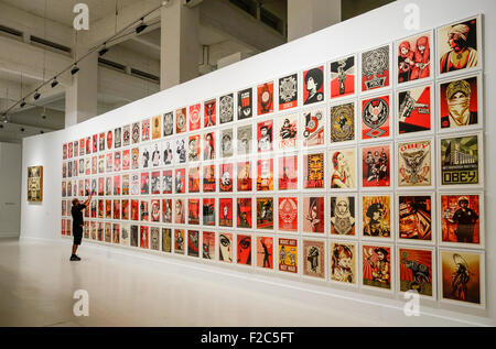 Travaux de Shepard Fairey sur l'affichage à l'ACE. Centre d'art contemporain de Soho, Malaga, Espagne. Banque D'Images