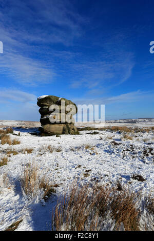 Janvier, neige de l'hiver, l'aigle sur le bord ; Pierre Buxton Derbyshire County ; parc national de Peak District, l'Angleterre, Royaume-Uni Banque D'Images