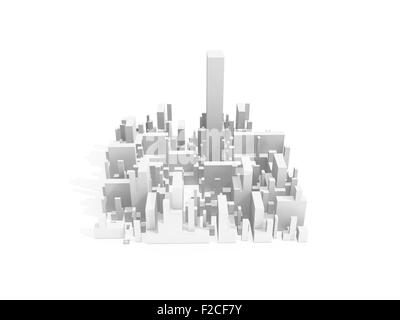 Schéma abstrait 3d blanc cityscape trimestre avec l'un des plus haut gratte-ciel isolated on white Banque D'Images