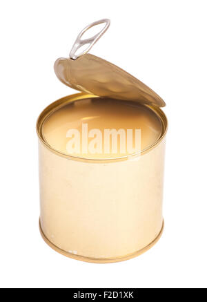 Lait condensé à tin can over white background Banque D'Images