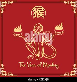 Signe zodiacal chinois singe de feu chinois avec le libellé. Symbole de 2016 yearwith fire in te mains. Illustration de Vecteur