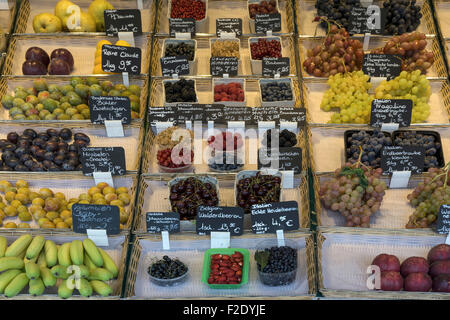 Divers fruits à un stand de fruits, le Marché Viktualienmarkt, Munich, Bavière, Allemagne Banque D'Images