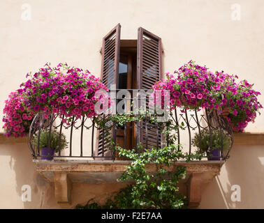 Fleurs sur un balcon à Pienza Toscane, Italie. Banque D'Images