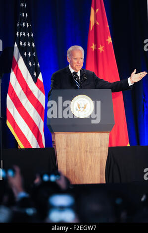 Los Angeles, USA. 16 Sep, 2015. Le Vice-président américain Joe Biden aborde la cérémonie de clôture de la Chine et les États-Unis Le Sommet des leaders sur les changements climatiques dans la région de Los Angeles, États-Unis, le 16 septembre 2015. © Zhang Chaoqun/Xinhua/Alamy Live News Banque D'Images
