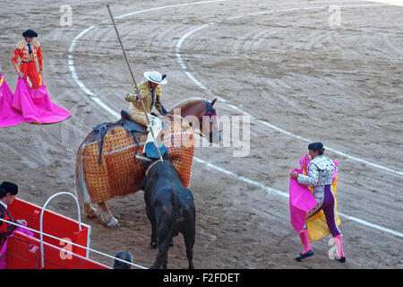 Barcelone, Espagne - 01 août 2010 : Bull s'attaque les Toreadors au cours d'une corrida dans l'une des plus grandes arènes publiques en Ba Banque D'Images