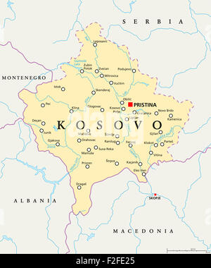 Carte politique du Kosovo à Pristina, capitale des frontières nationales, d'importantes villes, rivières et lacs. English l'étiquetage et à l'échelle. Banque D'Images