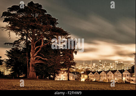 Maisons de style victorien sur l'horizon de la rue Steiner avec en arrière-plan, Alamo Square Park, Alamo Square, San Francisco, CA Banque D'Images