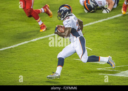 Kansas City, Missouri, États-Unis. 17 Septembre, 2015.Denver Broncos RB # 23 Ronnie Hillman en action au cours de la NFL football match entre les Chiefs de Kansas City et les Denver Broncos au Arrowhead Stadium de Kansas City, Missouri. Credit : Cal Sport Media/Alamy Live News Banque D'Images