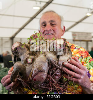 Harrogate, Yorkshire, UK. 18 Septembre, 2015. Détenteur du record du monde Ian Neale avec son 1er prix de betterave gagnante à la 40e Exposition florale d'automne annuel Harrogate, Yorkshire Showground, classé au top des trois événements de jardinage. Ian est l'actuel détenteur du record du monde de légumes géant dans la betterave, rutabaga, céleri et long concombre catégories. Ce monstre ne pèse 14,4kg un énorme. Credit : Cernan Elias/Alamy Live News Banque D'Images