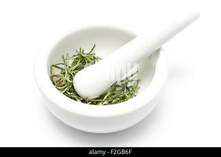 Mortier et pilon en céramique blanche avec Rosemary isolated on white Banque D'Images